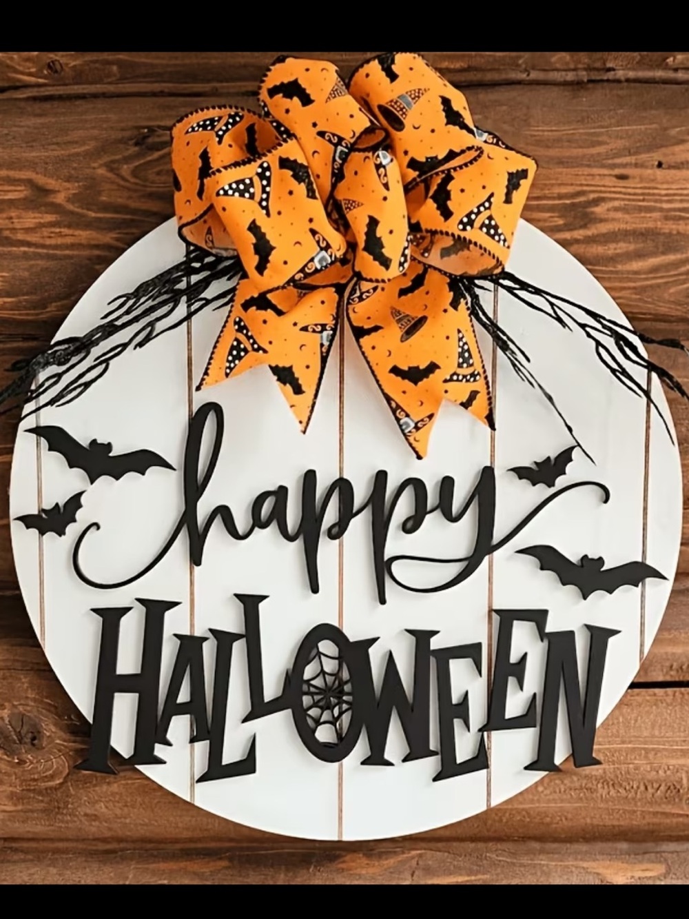 Spooktacular Happy Halloween Round Door Sign with Orange Bat Bow 🦇